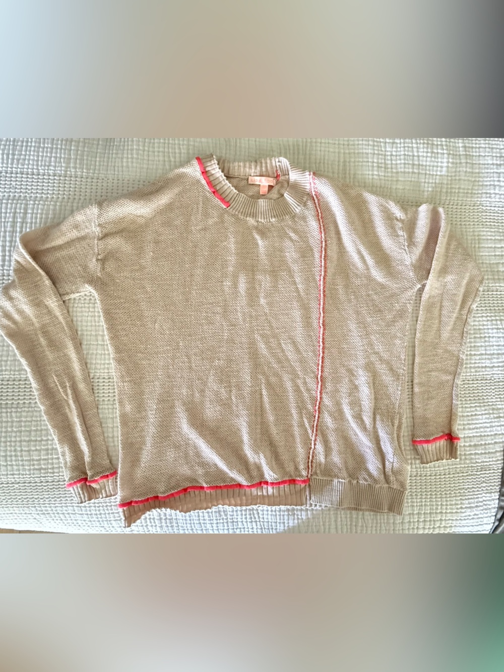 Lisa Todd Beige Crewneck Sweater with Pink Trim Accents